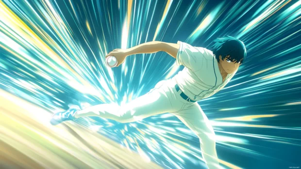A high energy anime style baseball player throwing a fastball, motion blur and exaggerated speed effects for an intense visual.