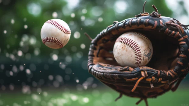 A high speed shot of a baseball flying towards the catcher mitt, blurred background.