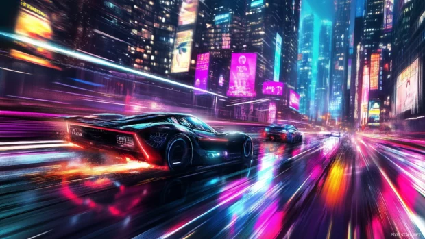 A high tech city with glowing holographic ads, fast vehicles, and a colorful, dynamic skyline.