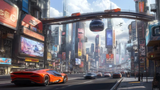 A high tech city with towering holographic ads, sleek vehicles, and a dynamic skyline in bright colors.