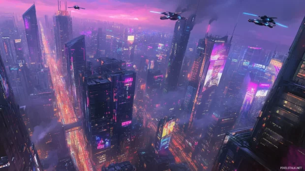 A high tech cityscape with tall skyscrapers, flying cars, and neon lights, set against a dusk sky.