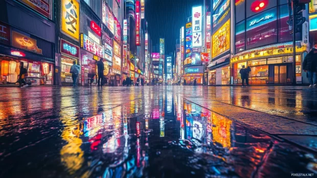 A high tech vision of Tokyo, featuring sleek skyscrapers, glowing neon, and an energetic urban scene.