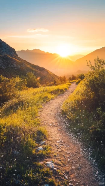 A hiking trail illuminated by morning sunrise glow.