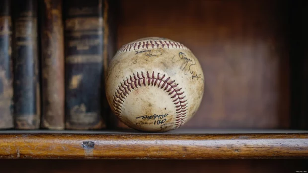 A historic baseball with faded autographs, sitting on an antique wooden shelf.