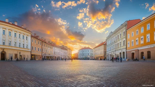 A historical city square filled with people, classic architecture, and warm evening light.