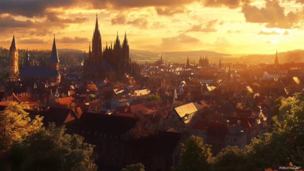 A historical skyline featuring gothic architecture and spires against a golden sunset.