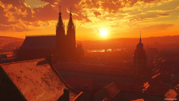 A historical skyline featuring gothic architecture and spires against a golden sunset.