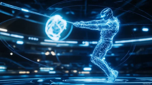 A holographic baseball player, made of glowing blue light, mid swing in a futuristic virtual stadium.