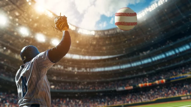 A home run scene with a baseball soaring over a stadium, crowd cheering in the background.