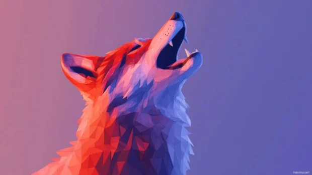 A howling red wolf drawn in geometric low poly art style with ambient lighting.