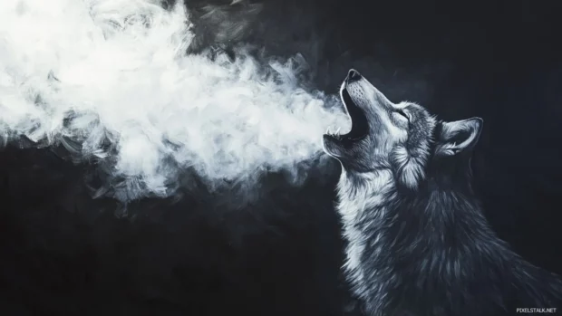 A howling wolf appears from black shadows with soft brushwork fading into white mist.