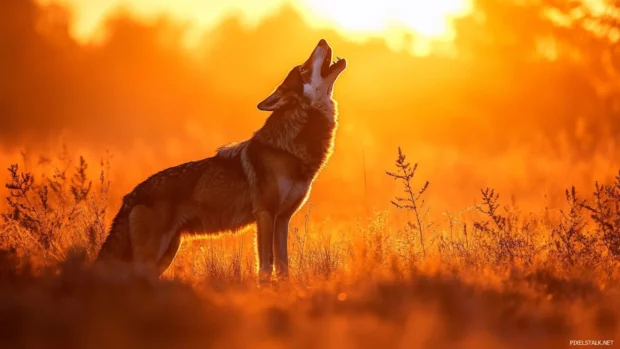 A howling wolf stands tall in a golden sunset surrounded by dust and dry grass.