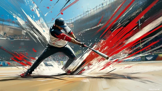 A hyper stylized street art baseball scene, spray paint textures and urban aesthetic capturing the energy of the game.