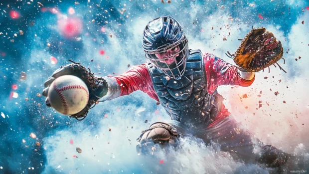 A hyper stylized street art baseball scene, spray paint textures and urban aesthetic capturing the energy of the game.