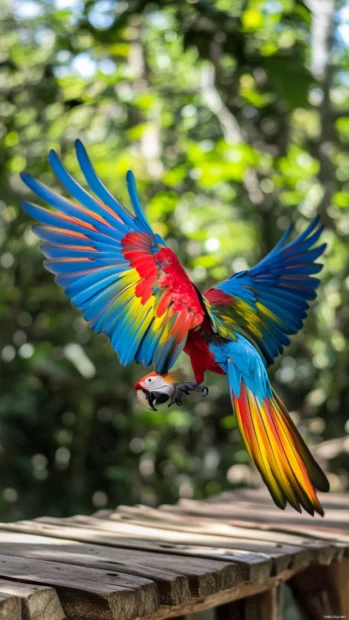 A jungle scene with a macaw mid landing on a wooden perch.