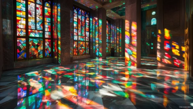 A kaleidoscope effect of stained glass windows illuminated by sunlight, casting vivid colors onto a marble floor.