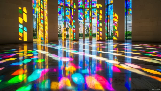 A kaleidoscope effect of stained glass windows illuminated by sunlight, casting vivid colors onto a marble floor.