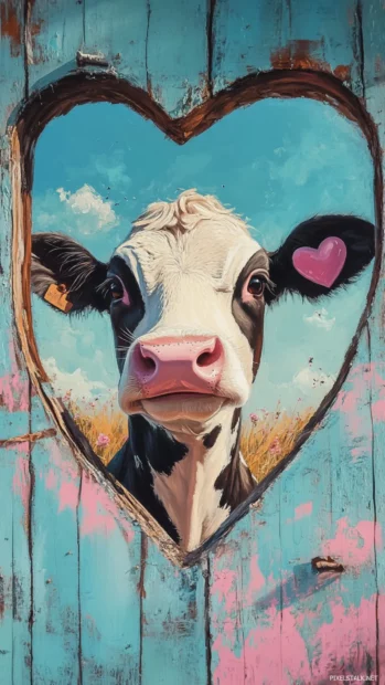 A kawaii cow looking out from a heart shaped window in this Smiling Kawaii cow in pastel field.