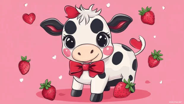 A kawaii cow with strawberry spots and bows in this Strawberry Cow cartoon art.