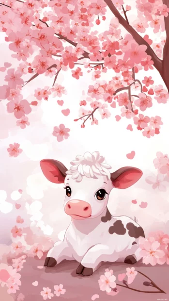 A kawaii style cow sitting under cherry blossoms from the Smiling Kawaii Cow scenery.