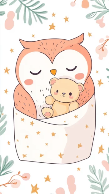 A kawaii style owl hugging a tiny teddy bear in a starry blanket.