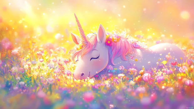 A kawaii style unicorn playing in a meadow of candy flowers, captured in a cute unicorn wallpaper.