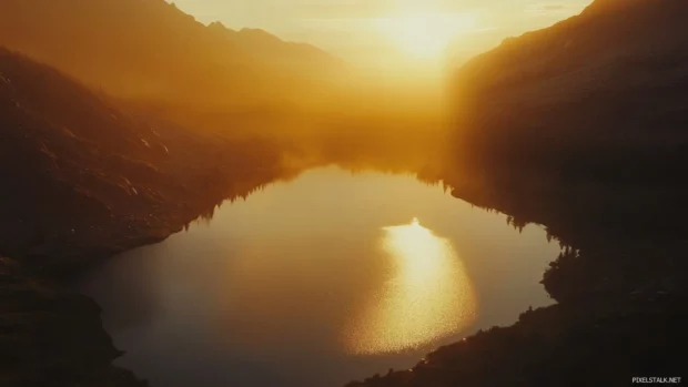 A lake glistens under soft golden beams of sunrise.