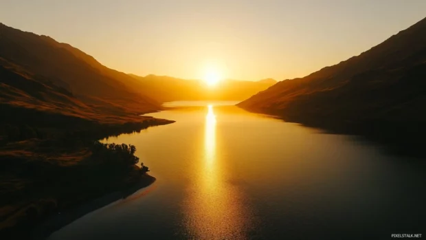 A lake glows under the soft golden rays of sunrise.