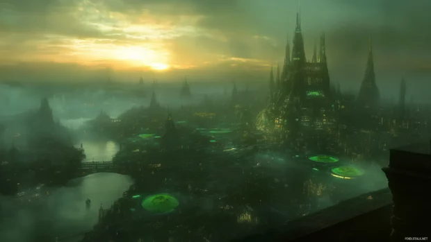 A large eco friendly city with floating gardens, green buildings, and advanced transport, illuminated by twilight.