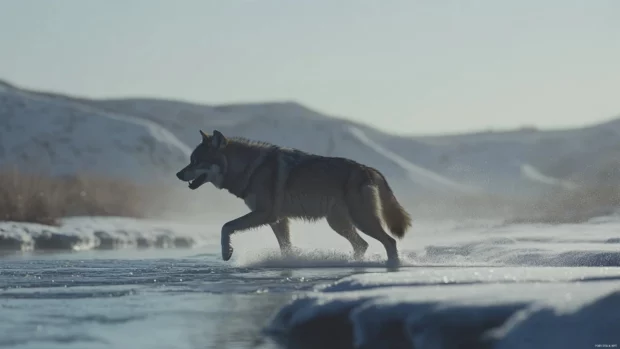 A large grey wolf runs across a frozen river while snow kicks up behind it.
