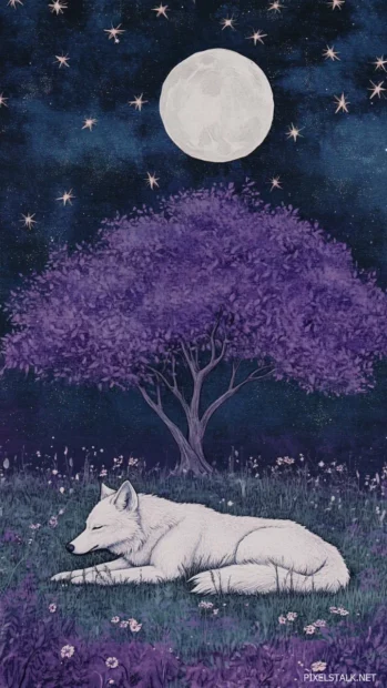 A lavender wolf rests under a floating moon tree surrounded by stars.