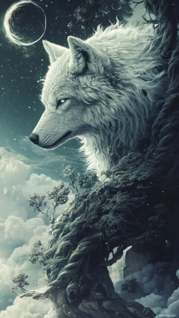 A legendary wolf rides the winds between spiraling celestial portals.