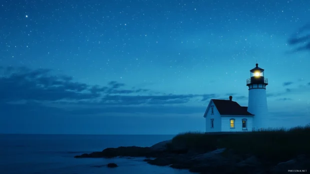 A lighthouse at twilight with stars beginning to appear in the sky, casting a peaceful glow over the ocean.