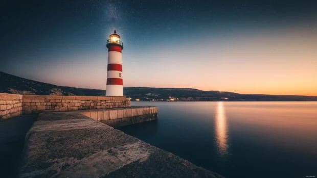 A lighthouse at twilight with stars starting to appear and a calm ocean glow.