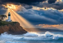 A lighthouse on a cliff with crashing waves and sunlight breaking through dark clouds.