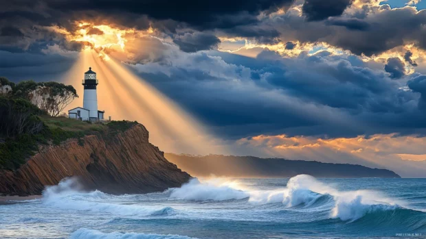 A lighthouse on a cliff with crashing waves and sunlight breaking through dark clouds.