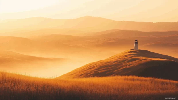 A lighthouse on a grassy hill in soft golden morning light.