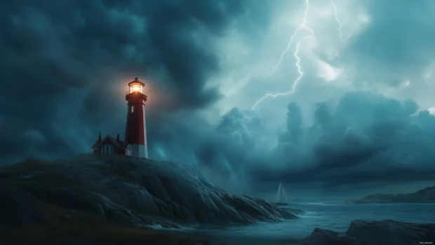 A lighthouse on a rocky coastline during a storm, with lightning in the sky.