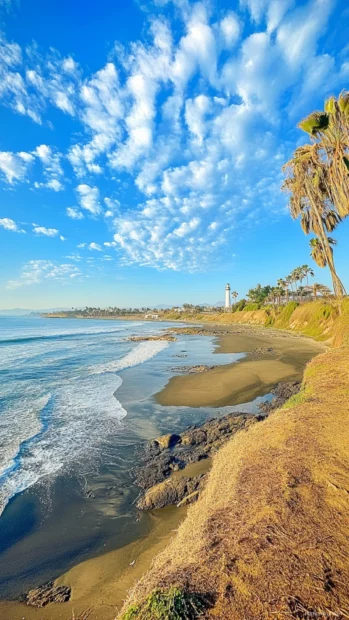 A lighthouse on the beach, with a blue sky, ocean, and palm trees in the foreground.