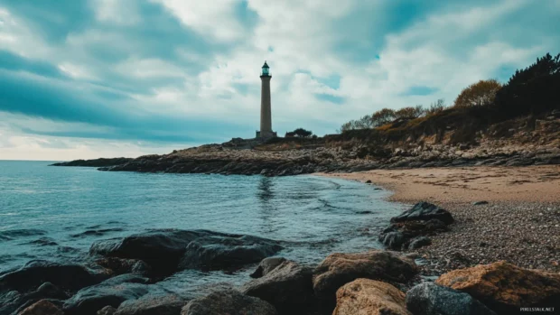 A lighthouse on the beach with a dramatic sky and ocean in the background.