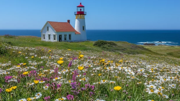 A lighthouse surrounded by wildflowers, with ocean views and a clear sky.