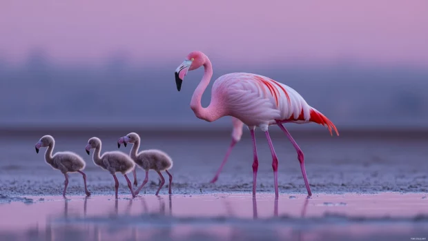 A line of baby flamingos following their parent through pale rose colored water at dawn.