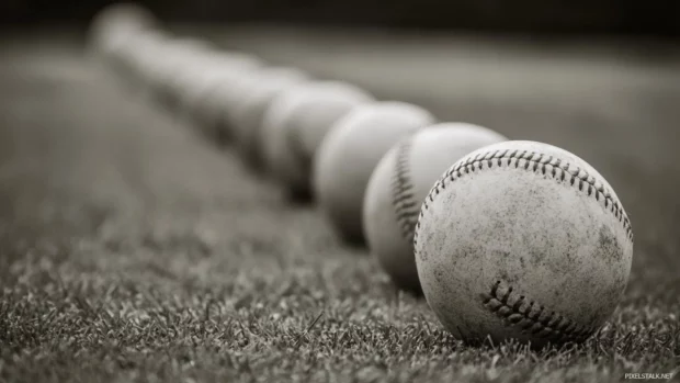 A line of baseballs on the grass in grayscale perspective.