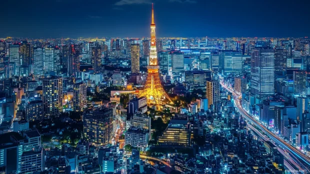 A lively Tokyo cityscape at night, with the Tokyo Tower and vibrant neon lights illuminating busy streets.