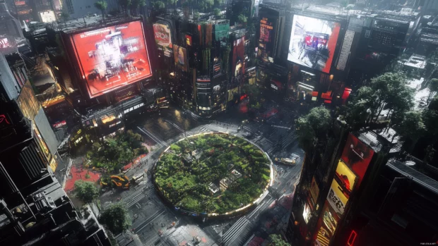 A lively futuristic city with green gardens and digital signs, seen from above.