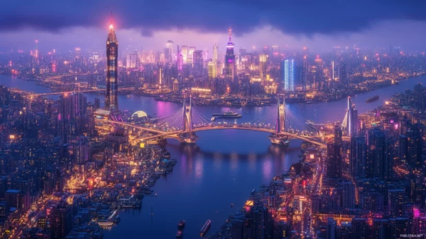 A lively metropolis with glowing bridges and cutting edge architecture.