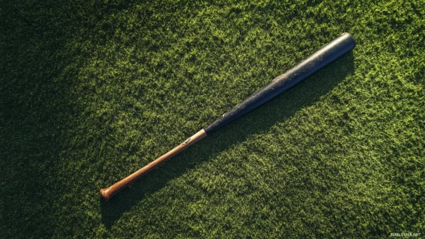 A lone baseball bat lying on green grass after a game.