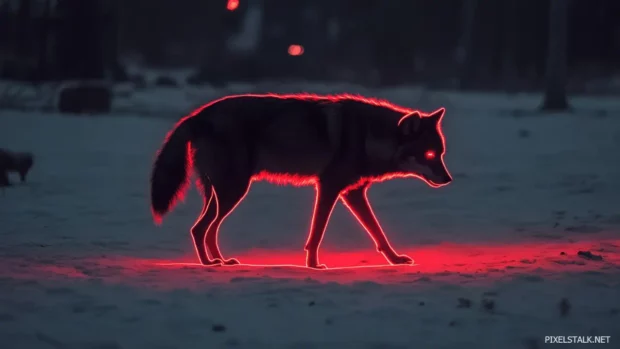 A lone black wolf outlined in red light walks across a cold desert.