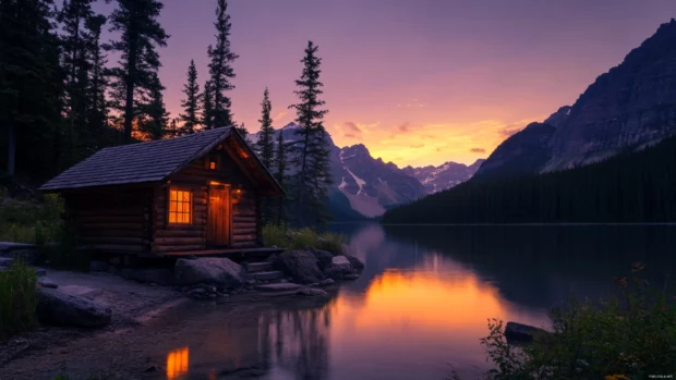 A lone cabin surrounded by sunrise horizon wallpaper.