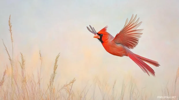 A lone cardinal mid flight across a quiet field, wings open wide against a soft pastel sky.